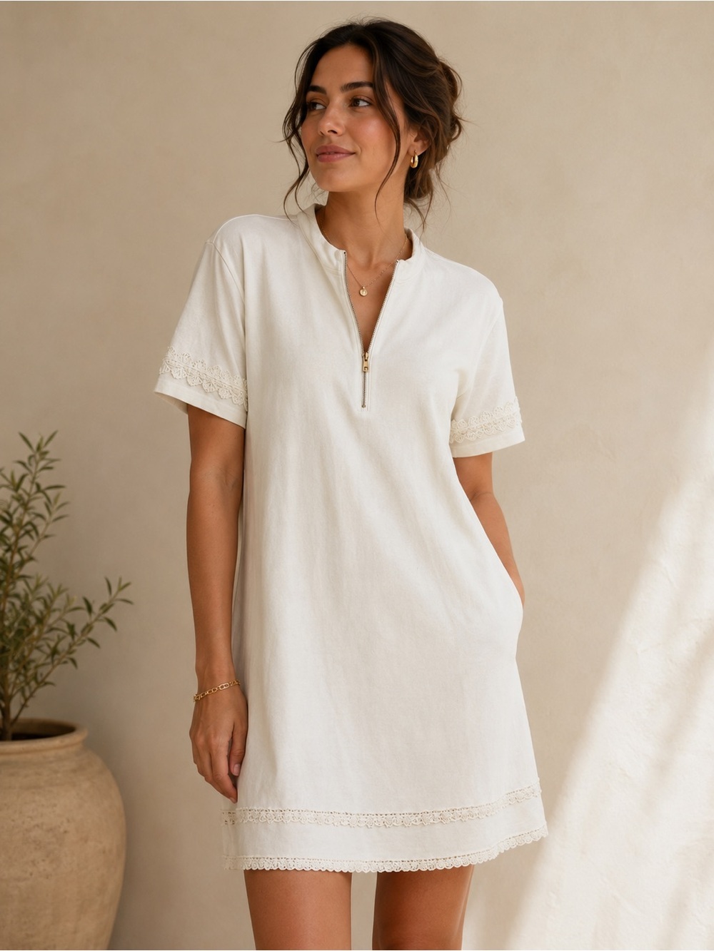 POL White Zip-Neck Dress With Lace Trim.
